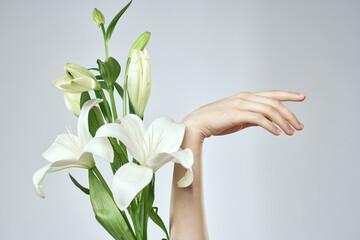 A bouquet of white flowers and female hands on a light background cropped view close-up
