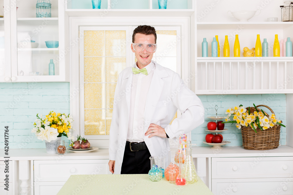 Wall mural chemist carries chemistry experiment in laboratory. test-tubes with chemical reagent. chemical labor