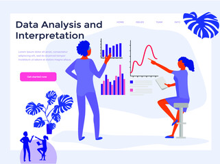 Two women work with statistics and choose several options. Vector illustration. Page goal concept 