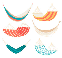 Collection of hammocks of different types isolated on white background. A set of tools for summer vacation, relaxation, swing, sleep, rest. vector illustration in cartoon style.