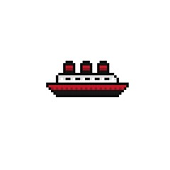 Boat pixel art. Ship pixel art. Vector illustration.