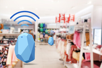 Beacon device home and office radar. Use for all situations. with network connect signal graphic and blur background at the shopping mall..