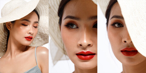 girl shows Face, Eyes, Lips with red lipstick for Skin care treatment