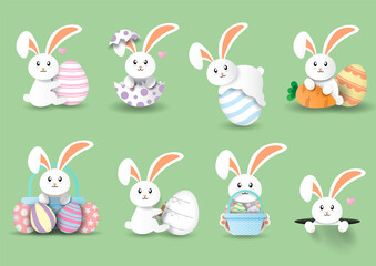Set of Easter bunny isolate on green background.