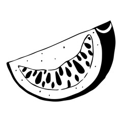 Tomato slice vector illustration. Isolated icon on white background. Black silhouette, contour of a vegetable. Doodle illustration, hand-drawn.