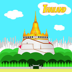 Fototapeta premium The Golden Mount at Wat Saket background with bangkok city - The symbols and landmarks of Bangkok Thailand drawing in vector