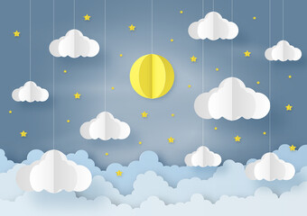 Origami made mobile paper of the moon and cloud on beautiful sky background. paper art design and craft style.