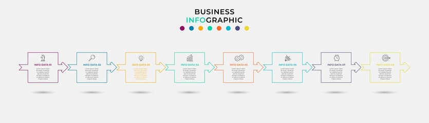 Vector Infographic design business template with icons and 8 options or steps. Can be used for process diagram, presentations, workflow layout, banner, flow chart, info graph
