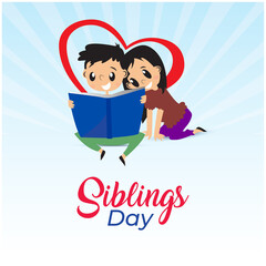 Siblings Day. brother and sisters reading love character design.