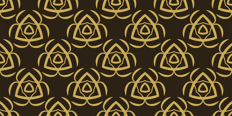 Abstract background pattern with gold geometric ornament on a black background. Seamless wallpaper texture for your design. Vector graphics