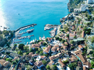 Aerial photograph of Antalya bay in Antalya city from high point of drone fly on sunny day in...