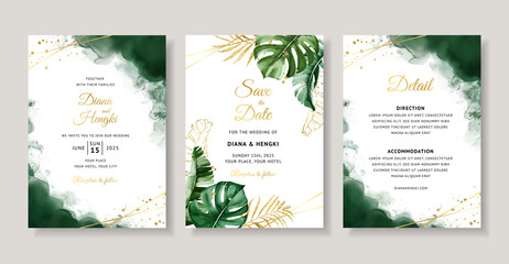 Elegant green tropical watercolor wedding invitation card template - obrazy, fototapety, plakaty