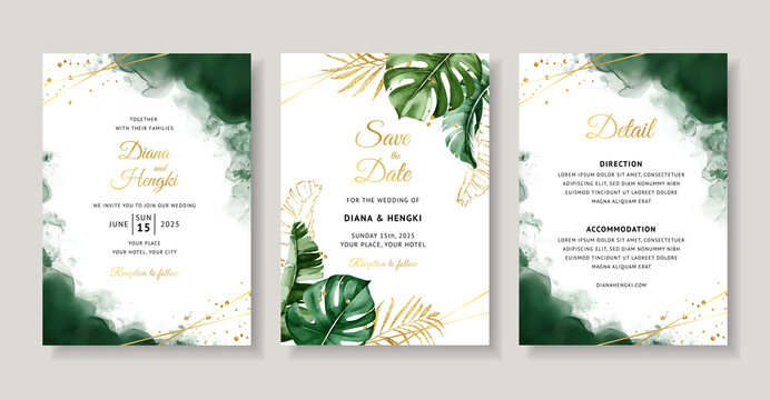 Elegant green tropical watercolor wedding invitation card template