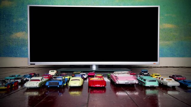 retro toy cars Drivin in Movie with  blank black screen 	
