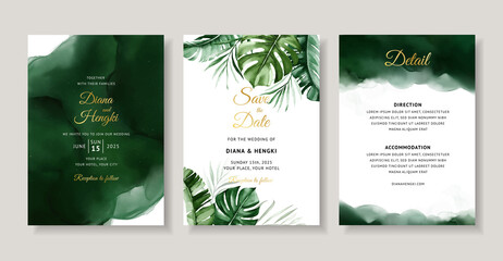 Elegant green tropical watercolor wedding invitation card template - obrazy, fototapety, plakaty