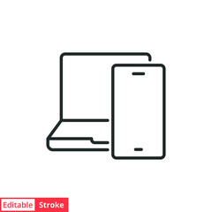 Laptop and mobile phone line icon. Simple outline style. Desktop, device, screen, display, smartphone, responsive concept. Vector illustration isolated on white background. Editable stroke EPS 10.