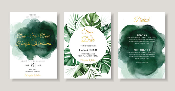 Elegant green tropical watercolor wedding invitation card template