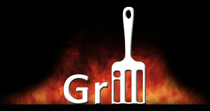animated grill logo with grill spatula and burning fire