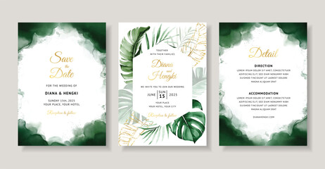 Elegant green tropical watercolor wedding invitation card template