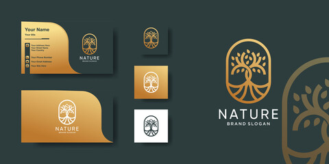 Fototapeta na wymiar Nature logo template with creative golden line art concept and business card design Premium Vector
