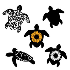 Sea turtle, a set of vector images. Turtle with sunflower.