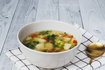 Colorful fresh clear spring soup - vegetarian stock