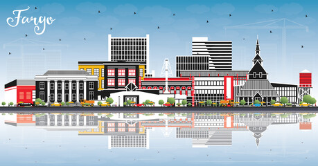 Obraz premium Fargo North Dakota City Skyline with Color Buildings, Blue Sky and Reflections.