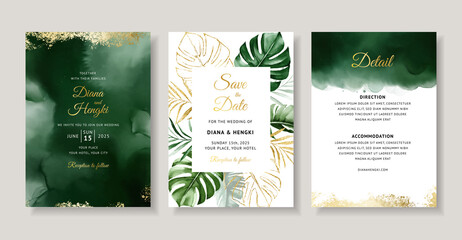 Elegant green tropical watercolor wedding invitation card template