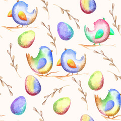 Hand drawing watercolor seamless pattern easter bird and eggs