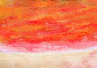 背景素材　水彩　夕焼けの海　砂浜　夕方　海の波　夕日　湖