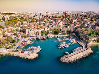 Aerial photograph of Antalya bay in Antalya city from high point of drone fly on sunny day in...