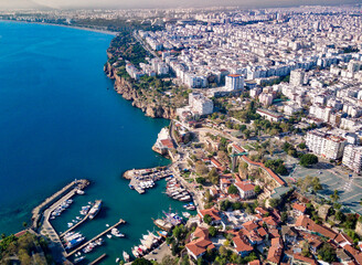 Aerial photograph of Antalya bay in Antalya city from high point of drone fly on sunny day in...