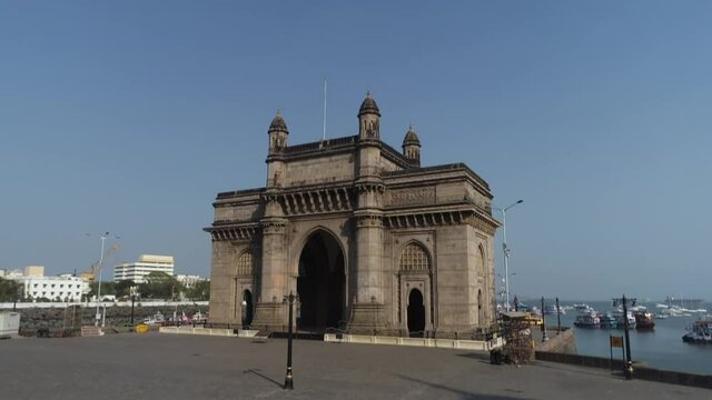 Aerial shot of the Gateway of India in Mumbai during Covid-19 Lockdown in India 
