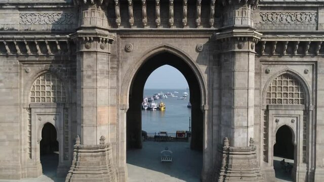 Aerial shot of the Gateway of India in Mumbai during Covid-19 Lockdown in India 
