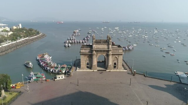Aerial shot of the Gateway of India in Mumbai during Covid-19 Lockdown in India 
