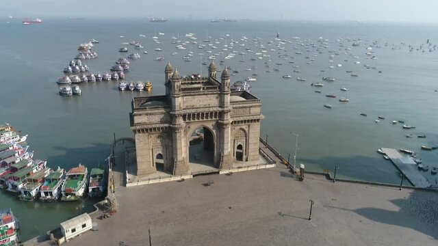 Aerial shot of the Gateway of India in Mumbai during Covid-19 Lockdown in India 
