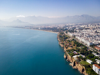 Aerial photograph of Antalya bay in Antalya city from high point of drone fly on sunny day in...