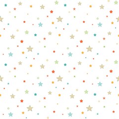 Seamless cute pattern with little different colorful stars, dots and circles on white background.