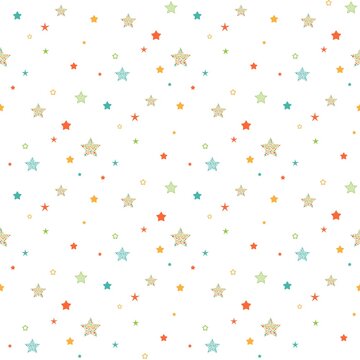 Seamless cute pattern with little different colorful stars, dots and circles on white background.