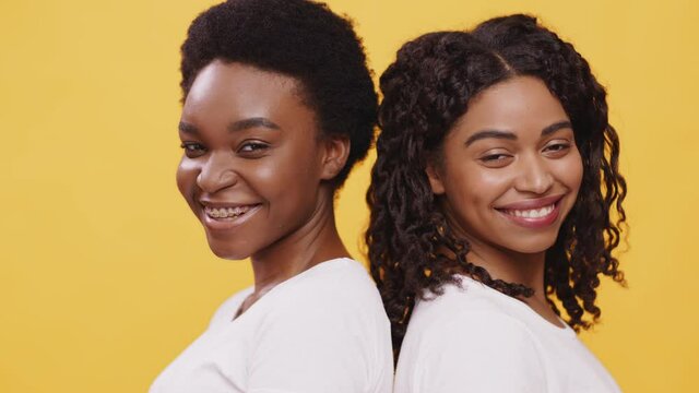 African american beauty. Portrait of two happy black woman smiling to camera, posing back to back, orange background