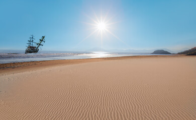 An old shipwreck or sunken boat abandoned stand on beach 