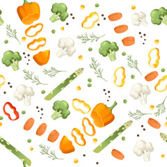 Seamless pattern sliced vegetables with pepper asparagus and herbs colored food icons for cooking vector illustration on white background
