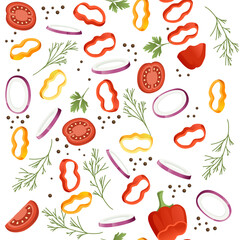 Seamless pattern sliced vegetables with pepper tomato and herbs colored food icons for cooking vector illustration on white background