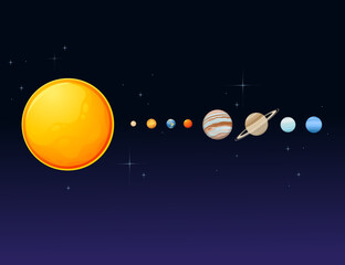 Fototapeta na wymiar Solar system with sun and planets space objects vector illustration on dark deep sky with stars background