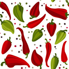 Different peppers pattern, seamless vector repeat. Red and green chili, jalapeno and other types hot peppers.