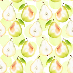 Fruit seamless pattern on an abstract watercolor background. Watercolor pears and seeds. Isolated on white.