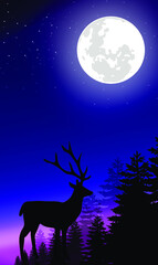 Obraz na płótnie Canvas Vector image of night scene illustration with full moon and deer 