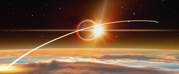Trip to the moon (lunar) concept - Long exposure night time rocket launch with solar eclipse "Elements of this image furnished by NASA" 