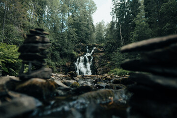 Yukankoski waterfall (white bridges) on the river Kulismayoki, Russia, Karelia