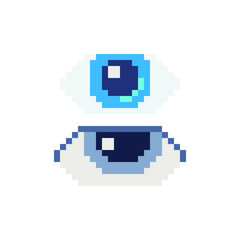 Eye icon. Blue color. Pixel art style. Design application. 8-bit. Video game sprite. Game assets. Isolated abstract vector illustration. 